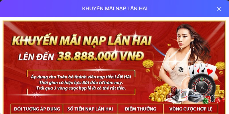 Khuyến mãi nạp tiền lần thứ hai với ưu đãi hấp dẫn nhà cái lên lên tới 38.888.000